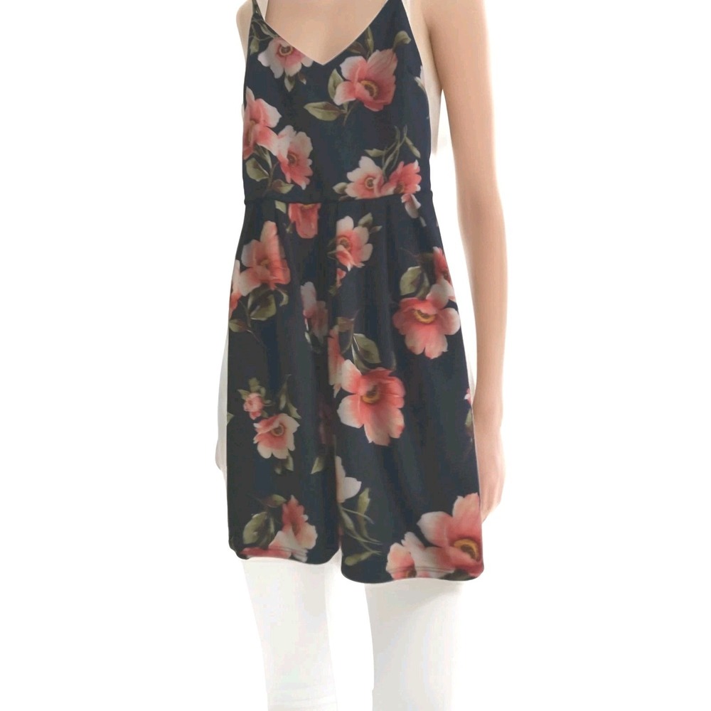 Monteau‎ Navy Blue Floral Skater Dress Spaghetti Strap Mini Sun Dress Size M